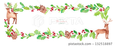 聖誕花圈框架。水彩聖誕節矢量插圖。冬青樹和馴鹿。 132518897