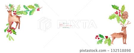 聖誕花圈框架。水彩聖誕節矢量插圖。冬青樹和馴鹿。 132518898