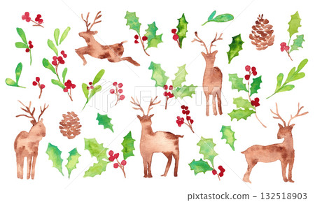 聖誕花圈框架。水彩聖誕節矢量插圖。冬青樹和馴鹿。 132518903