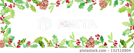 Christmas wreath frame. Watercolor Christmas vector illustration. Holly and reindeer. 132518904