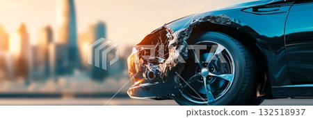 Front of a damaged vehicle showing extensive damage after a collision, highlighting the dangers of city driving during rush hour, with a blurred cityscape in the background at sunset 132518937