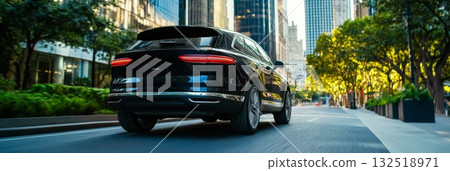 Modern black suv driving on a city street with green trees and skyscrapers in the background, showcasing urban mobility and luxury transportation 132518971