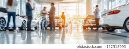 Customers and sales representatives are discussing new cars in a modern car dealership showroom, creating a bustling atmosphere of sales and customer service 132518993