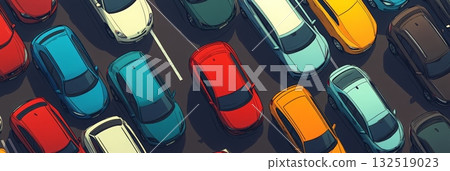 Colorful cars parked in a dealership parking lot create a vibrant, geometric pattern when viewed from above, showcasing an organized display of automotive inventory 132519023
