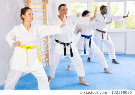 Middle-aged woman attendee of karate classes practicing kata standing in row with others Middle-aged woman attendee of karate classes practicing kata standing in row with others 132519050