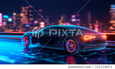 Autonomous electric vehicle is navigating a digital cityscape, showcasing innovation in automotive technology and design with glowing neon lights and futuristic elements 132519051