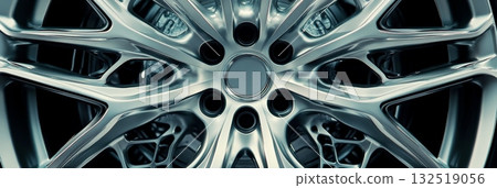 Chrome alloy wheel with futuristic design and visible brake system behind, representing innovation in automotive engineering and customization for high performance vehicles Chrome alloy wheel with futuristic design and visible brake system behind, representing innovation in automotive engineering and customization for high performance vehicles 132519056