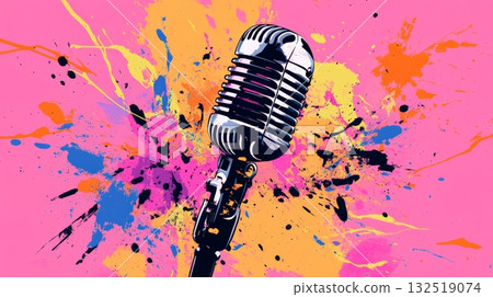 Vintage microphone is depicted against a vibrant backdrop of colorful splatters, creating a visually striking representation of music, singing, performance, and the world of entertainment 132519074