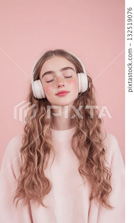 Young woman with long curly hair wearing over ear headphones, eyes closed, enjoying music and relaxing on pink background, conveying a sense of calm and serenity 132519076