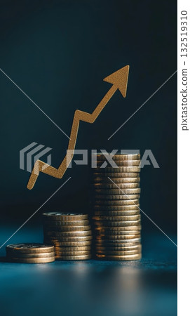 Stacks of gold coins with a golden upward arrow represent increasing profits, successful investments, and the concept of long term financial growth 132519310