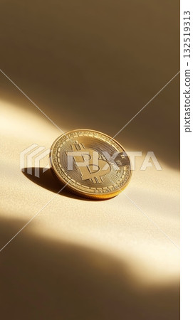Golden bitcoin sits on a surface, illuminated by dramatic lighting, creating an intriguing visual representation of cryptocurrency and its potential impact on finance 132519313