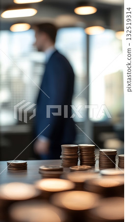 Stacks of coins arranged on a desk in an office environment represent increasing profits, symbolizing successful investments and financial growth, while a businessman walks in the background 132519314