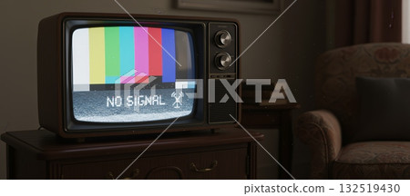 Vintage television set sits on a wooden cabinet, showing a no signal message with colorful test patterns and static, highlighting themes of technical issues and communication breakdown Vintage television set sits on a wooden cabinet, showing a no signal message with colorful test patterns and static, highlighting themes of technical issues and communication breakdown 132519430