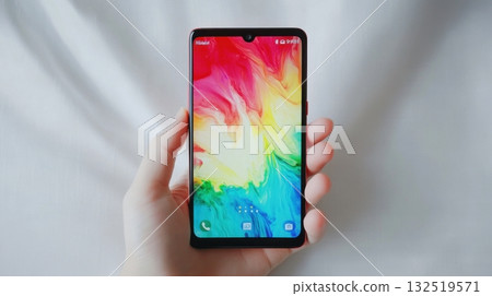 hand holding red smartphone with colorful abstract wallpaper hand holding red smartphone with colorful abstract wallpaper 132519571