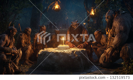 Illuminated monkeys in a cave 132519573