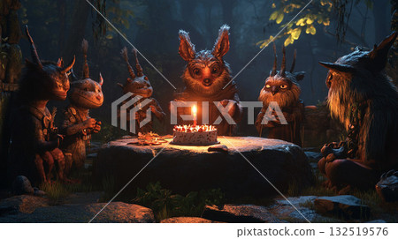 Owl parent and child illuminated by an owl 132519576