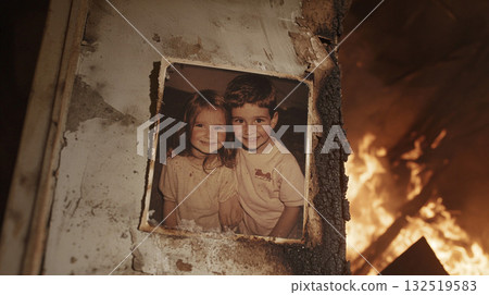Parents and children baking pizza over a bonfire 132519583