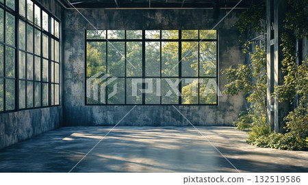 abandoned warehouse with overgrown plants and large windows 132519586