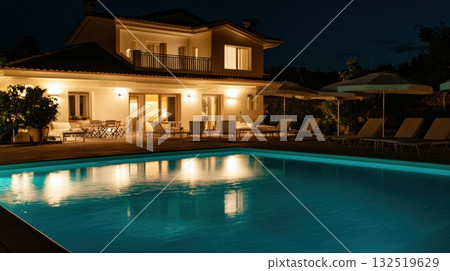 luxurious villa night poolside 132519629