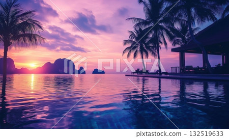 tropical sunset paradise poolside relaxation 132519633