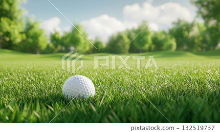 White golf ball is lying on perfectly manicured green grass of a golf course, with blurred trees and a clear sky in the background, creating a serene and inviting atmosphere for a game of golf 132519737