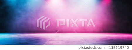 Blue and pink neon lights are illuminating smoke or fog in an empty concrete room, creating a vibrant and atmospheric backdrop, perfect for showcasing products or designs 132519740