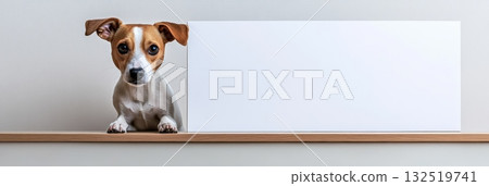 Jack russell dog lying comfortably on a wooden shelf, showcasing a white empty horizontal board, perfect for advertising, design, or graphic mock ups. Ideal for creative projects Jack russell dog lying comfortably on a wooden shelf, showcasing a white empty horizontal board, perfect for advertising, design, or graphic mock ups. Ideal for creative projects 132519741