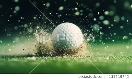 White golf ball landing on perfectly mown green grass and creating an explosion of dirt particles, with a dark, blurred background and bright bokeh highlights White golf ball landing on perfectly mown green grass and creating an explosion of dirt particles, with a dark, blurred background and bright bokeh highlights 132519743