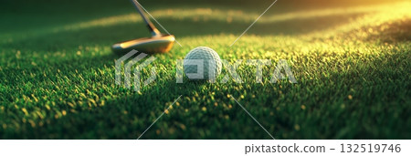 Golf club positioned behind the ball on a putting green, ready for a golfer to make a shot as the sun sets, casting a golden glow over the summer landscape 132519746