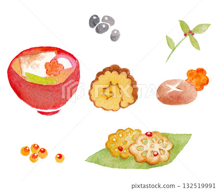 Watercolor illustration of New Year's cuisine set / Ozoni, Datemaki, Plum, Nanten, Black beans, Japanese food ingredients 132519991