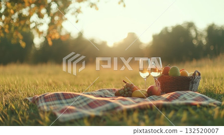 Two glasses of white wine are placed on a picnic blanket alongside a basket of fresh fruits, creating a serene and romantic atmosphere in a park during sunset Two glasses of white wine are placed on a picnic blanket alongside a basket of fresh fruits, creating a serene and romantic atmosphere in a park during sunset 132520007