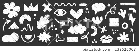 Crayon brush sticker cute organic line shape set. Hand drawn sketch doodle scribble paint brush geometric figure crayon chalkboard. Abstract arrow, circle heart, chalk elements. Vector Crayon brush sticker cute organic line shape set. Hand drawn sketch doodle scribble paint brush geometric figure crayon chalkboard. Abstract arrow, circle heart, chalk elements. Vector 132520008