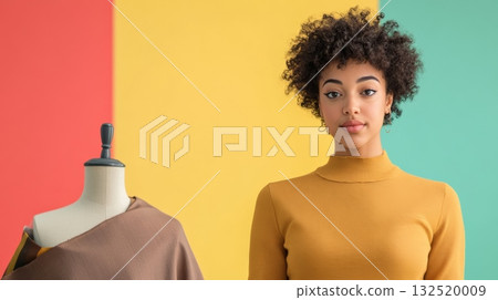 Young fashion designer posing confidently in a vibrant studio, surrounded by a colorful backdrop and a mannequin showcasing a stylish brown garment, embodying creativity and passion Young fashion designer posing confidently in a vibrant studio, surrounded by a colorful backdrop and a mannequin showcasing a stylish brown garment, embodying creativity and passion 132520009
