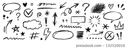 Line arrow, frame, underline sketch elements set. Hand drawn crayon pencil, texture brush stroke scribble doodle elements. Marker arrow, chalk sketch square, grunge check mark. Vector 132520010