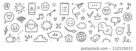 Emoji internet sketch icon set. Internet conversation, media outline tech emoji, star, arrow shape. Hand drawn sketch chat emoticon reaction, digital cloud, smile face elements. Vector Emoji internet sketch icon set. Internet conversation, media outline tech emoji, star, arrow shape. Hand drawn sketch chat emoticon reaction, digital cloud, smile face elements. Vector 132520013