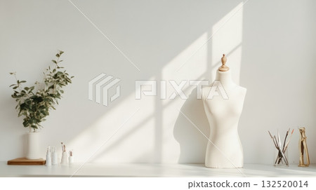 Sewing tools and a mannequin are arranged on a white table in a sunlit studio, creating a serene and inspiring workspace for a fashion designer Sewing tools and a mannequin are arranged on a white table in a sunlit studio, creating a serene and inspiring workspace for a fashion designer 132520014