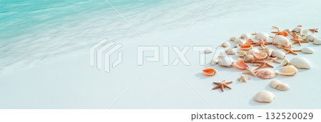 Capturing the essence of a beautiful tropical beach, featuring turquoise waters and soft white sand adorned with starfishes and seashells, inviting relaxation and summer joy Capturing the essence of a beautiful tropical beach, featuring turquoise waters and soft white sand adorned with starfishes and seashells, inviting relaxation and summer joy 132520029