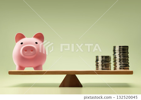 Financial concept with Coin money Stack and Piggybank balanced on a scale 132520045