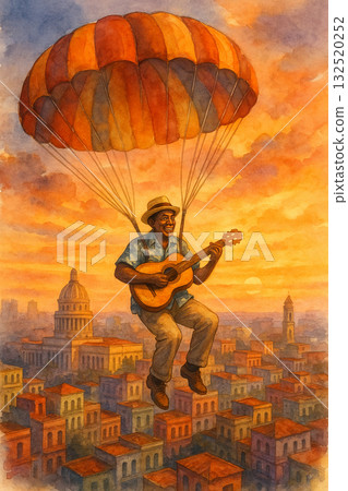 夕陽城市上空的吉他手　水彩夢幻音樂插畫 132520252