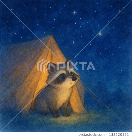 夜空下露營的小浣熊可愛水彩插畫 132520321