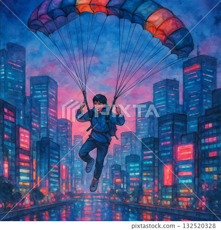 夜色城市中降落的男孩水彩插畫 132520328