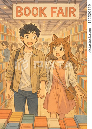 戀人手牽手逛書展的溫馨漫畫插畫 132520329