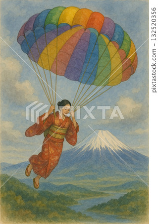 和服女子在富士山上空彩虹降落傘飛翔 132520356