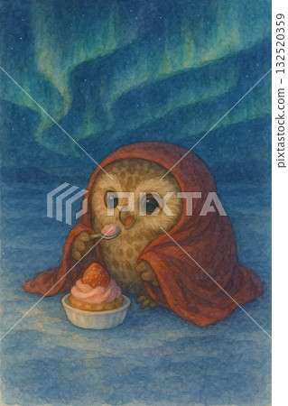 極光下的小貓頭鷹－療癒系水彩畫 132520359