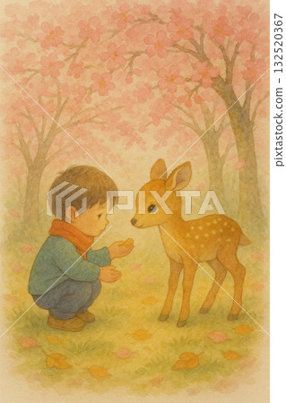 春日櫻花林中男孩餵食小鹿的溫馨水彩插畫 132520367