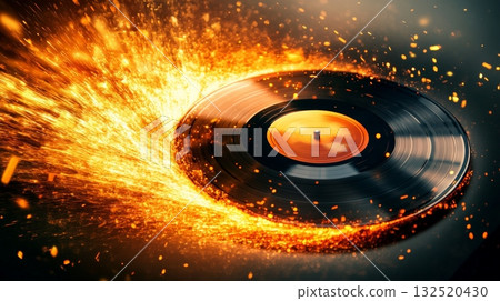 Vinyl record spinning, surrounded by a vibrant display of fire, sparks, and energy, creating a powerful visual metaphor for the intensity and passion of music 132520430