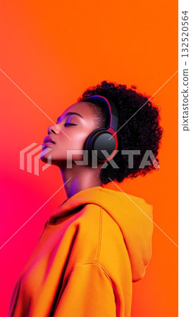 Young woman with curly hair wearing wireless headphones, enjoying music with closed eyes on an orange background, illuminated by colorful lights, creating a vibrant and captivating portrait 132520564