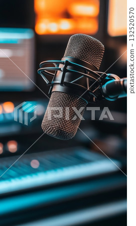 Professional microphone capturing high quality audio in a contemporary music studio, providing an ideal setup for singers and musicians crafting their next hit song 132520570