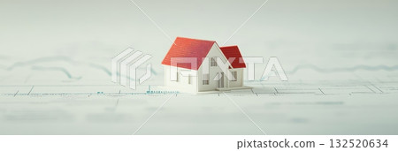 Small house model placed on a document showing financial charts, representing concepts like real estate investment, mortgage, and property market trends Small house model placed on a document showing financial charts, representing concepts like real estate investment, mortgage, and property market trends 132520634