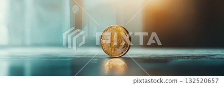 Golden bitcoin standing on its edge on a reflective surface, illuminated by a warm sunlight coming from the right, with a blurred background hinting at an office space 132520657